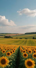 Fototapeta premium Illustration of a summer landscape with a blooming sunflower.