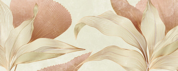 Fototapeta premium Premium botanical background with tropical plant leaves in a gold line art style. Exotic natural patterns for banners, wallpaper, prints, packaging, posters, and interior design.
