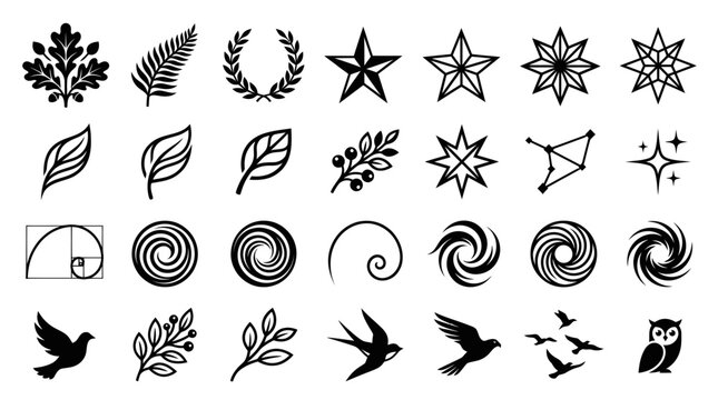 Nature silhouettes including leaves stars and bird icons.