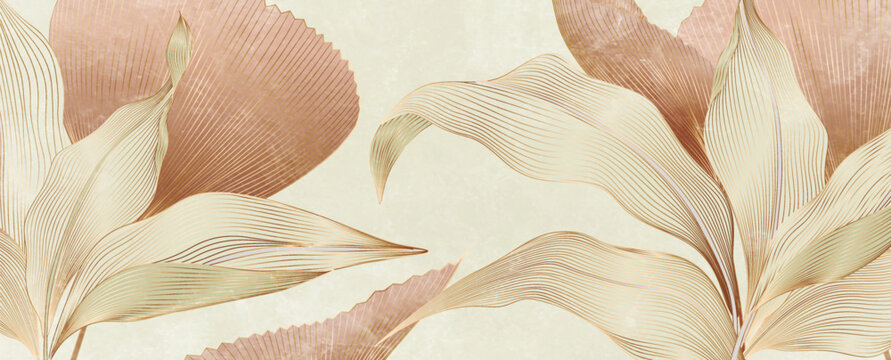 Premium botanical background with tropical plant leaves in a gold line art style. Exotic natural patterns for banners, wallpaper, prints, packaging, posters, and interior design.