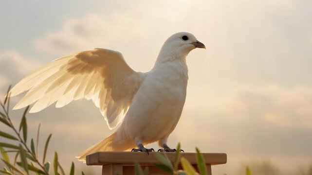 White dove spreading wings at sunset. Symbol of peace and holy spirit. Religious concept footage