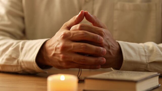 Person praying with rosary beads and bible. Devout individual holding hands in prayer with a candle on a wooden table. Religious faith and spirituality concept