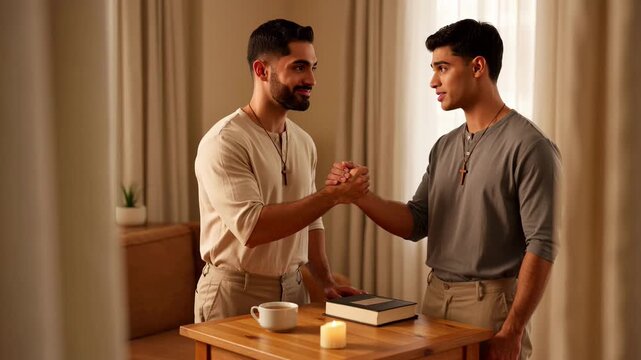 Two men embracing in reconciliation and forgiveness. Religious men with wooden crosses sharing a supportive moment at home