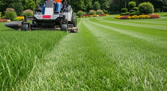 Commercial riding mower creates striped patterns on lush green lawn in sunny suburban landscape, fresh cut grass