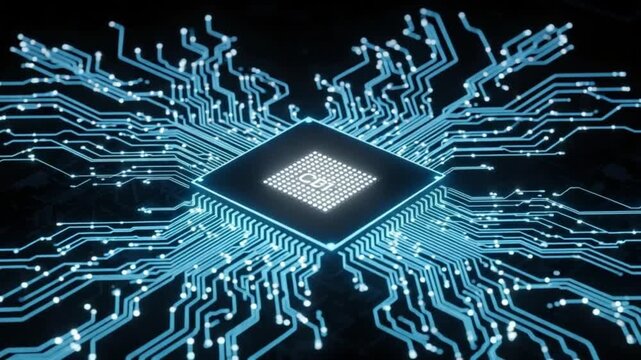 Abstract digital processor chip with glowing circuit board lines and data connections