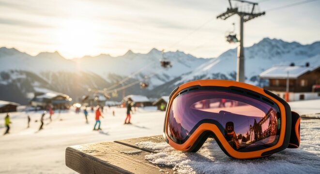 Orange Ski Goggles on Snowy Table at Alpine Resort During Golden Hour, Reflecting Mountain Scenery