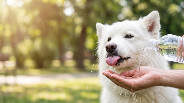 A person pours water from a bottle into their hand while a white dog eagerly drinks it. The scene takes place in a park on a sunny day with trees in the background