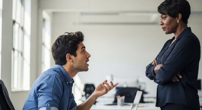 Colleagues in mild dispute during office project discussion, focusing on workplace dynamics and communication challenges