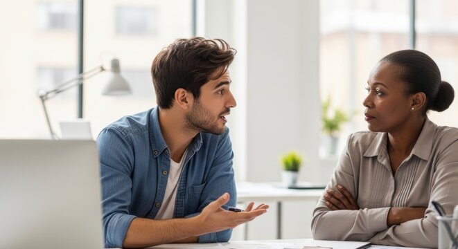 Diverse colleagues in mild dispute over project in modern office, discussing work dynamics