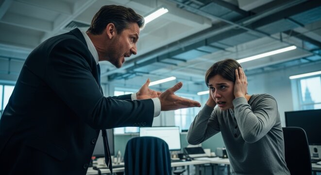 Aggressive manager yelling at distressed employee covering ears in chaotic modern office, highlighting workplace conflict and power imbalance