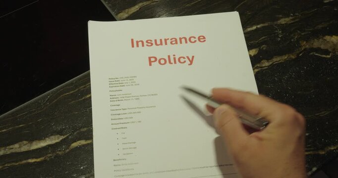 Close-up of a person reviewing an insurance policy document and pointing at it with a pen. Business concept of insurance, legal paperwork, policy review, and financial protection.