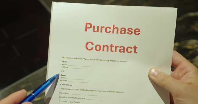 Close-up of a person pointing at the buyer and seller sections of a purchase contract with a blue pen. Business concept of legal agreements, documentation, and contract review.
