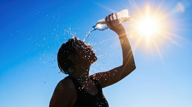 A person holds a bottle of water and pours it over their head while facing the sun. This scene takes place outdoors on a bright and hot day, showing the joy of staying hydrated