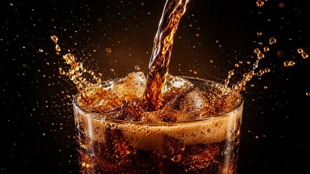 Macro close-up of pouring dark cola soda into a glass filled with ice cubes creating a dynamic splash on a black background