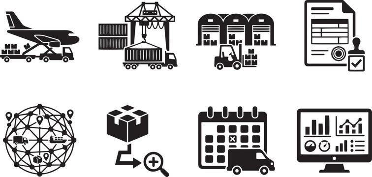 Smart Logistics and Industrial Automation Solid Icon Pack, Minimalist Supply Chain Tech Silhouette Vector Concept Elements, AI Brain Cybernetics, Automated Robot Warehouse, Product Quality Guarantee R