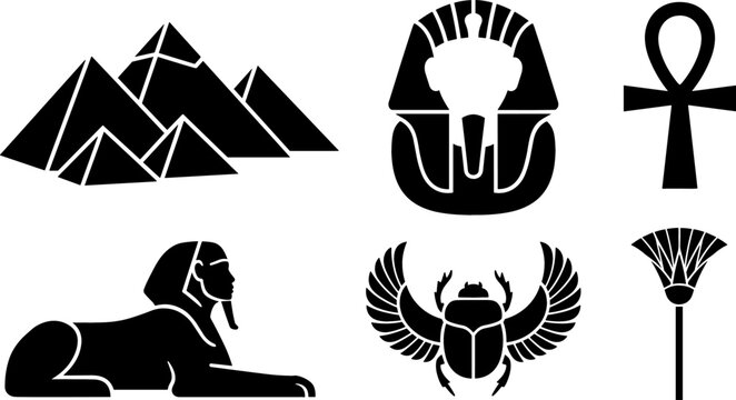Ancient Egypt Culture Icon Set Featuring Giza Pyramids Sphinx Pharaonic Mask Ankh Cross Winged Scarab Beetle and Papyrus Plant Silhouette Vector Graphics