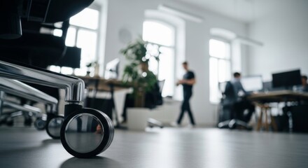 Fototapeta premium Close-up on office chair wheels in a modern, busy corporate office with blurred coworkers working in the background