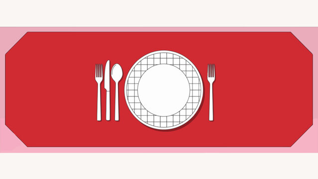 Red table runner with plate and cutlery for dinner setting