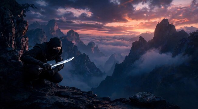 Stealthy ninja warrior holding blade in front of awe-inspiring mountain landscape