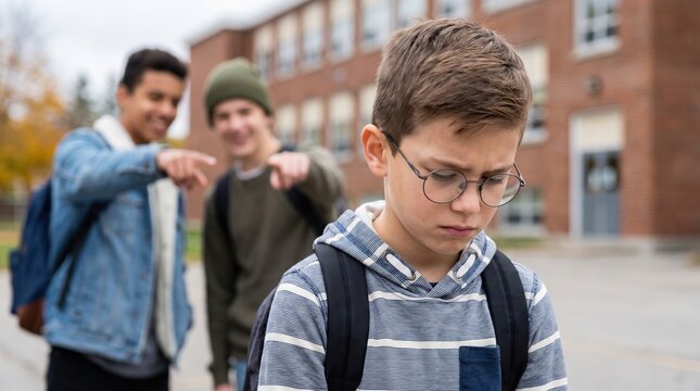 Two students are laughing and pointing at another boy who appears upset. The scene takes place outside a school building during the day with a gray sky