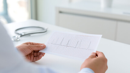 Fototapeta premium Medical Professional Hands Hold Vital Heart Rhythm Graph Report in Clinic Setting with Stethoscope, Focus on Healthcare Data Analysis and Patient Well-Being
