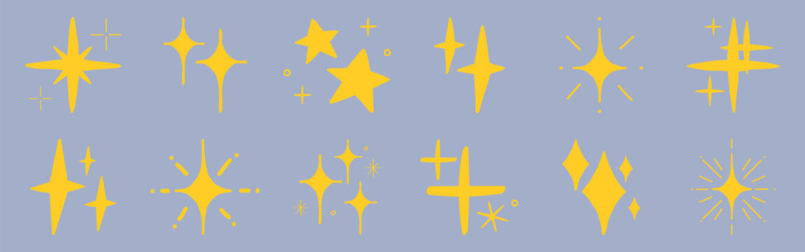 Vector set of yellow star and sparkle shapes on a light purple background.