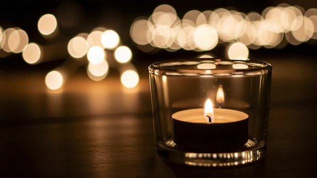 A single lit tea light candle in a glass holder with a soft bokeh background of warm golden fairy lights