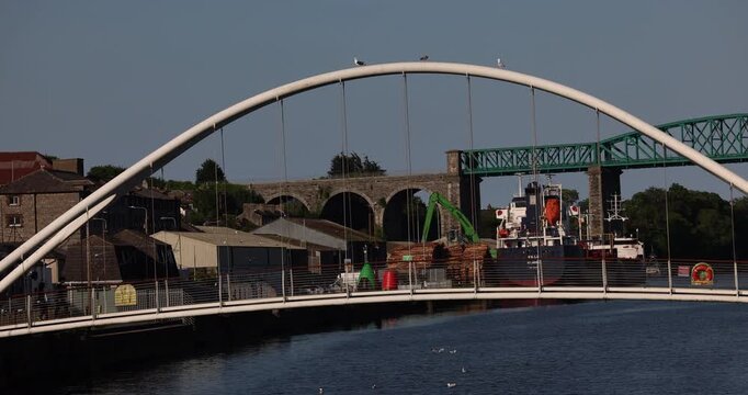 Drogheda, County Louth, Ireland - May 25, 2026:  A bridge crosses the River Boyne near the historic waterfront.