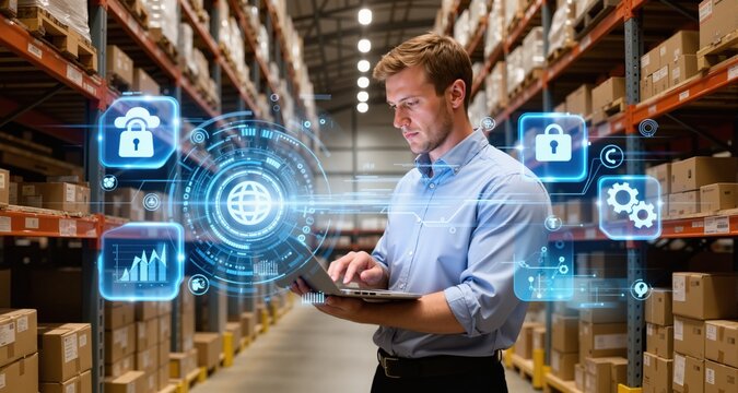 Animation of icons and data processing over caucasian man working in warehouse
