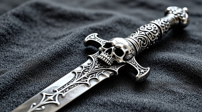 Ornate silver dagger with skull pommel rests on dark textured fabric. Intricate gothic engravings adorn the blade and handle. This decorative weapon evokes dark fantasy and macabre themes.