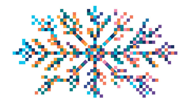 Colorful pixel art snowflake made of small square blocks