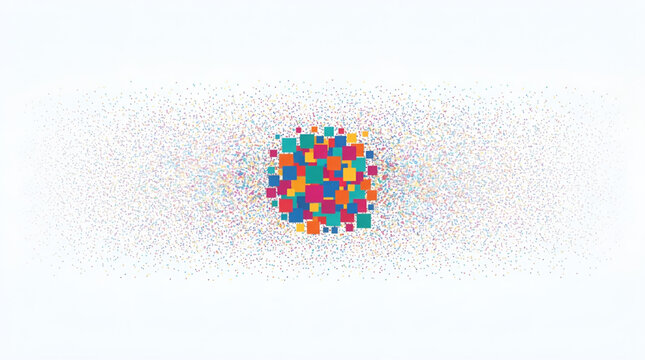 Abstract explosion of colorful square pixels and geometric shapes