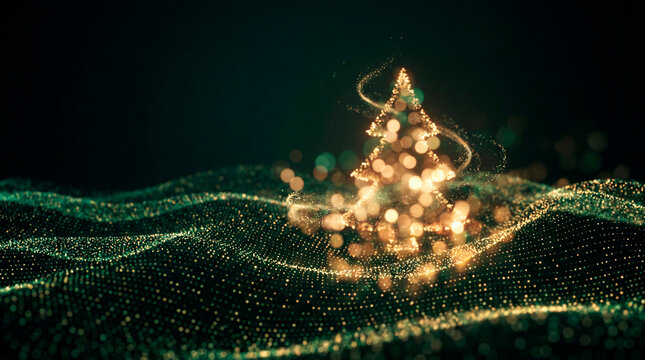 Abstract green particle Christmas tree of glowing dots on dark festive holiday background