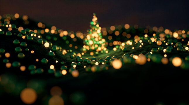 Abstract green particle Christmas tree of glowing dots on dark festive holiday background