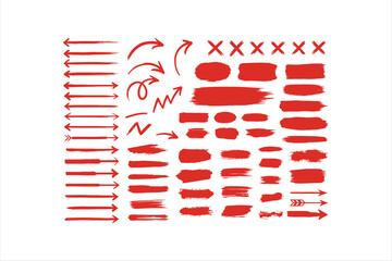 Obraz premium Set of handdrawn red brush stroke arrows, shapes, and crosses