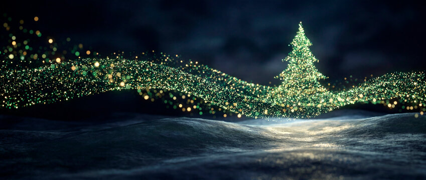 Abstract green particle Christmas tree of glowing dots on dark festive holiday background