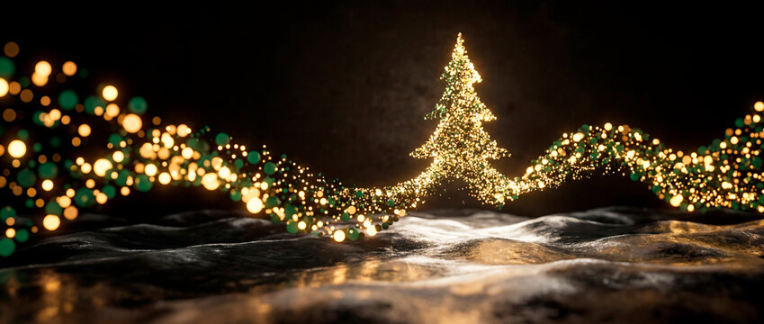Abstract golden particle Christmas tree of glowing dots on dark festive holiday background