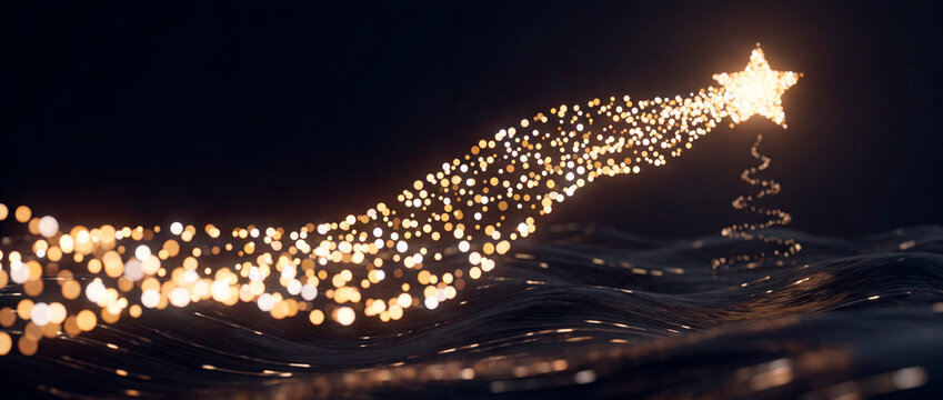 Glowing golden particle star on abstract dark Christmas holiday wave festive background