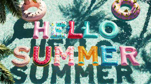 Hello Summer typography with colorful inflatable letters floating in a tropical pool