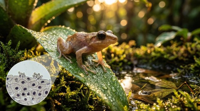 Macro scene of a young coqui frog perched on a dew-soaked bromeliad leaf, with moist moss, tiny water droplets, and a translucent inset of skin cells and fungal spores; a tadpole in a nearby puddle