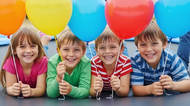 Group of happy children lying on a trampoline holding colorful balloons
