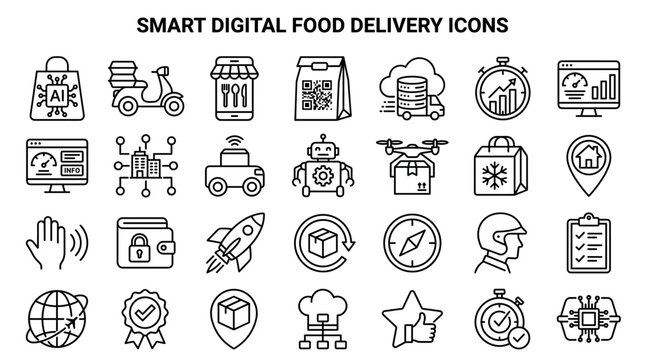 A collection of black line art icons representing smart digital food delivery services, featuring automation, drone shipping, logistics tracking, and modern mobile app technology concepts.