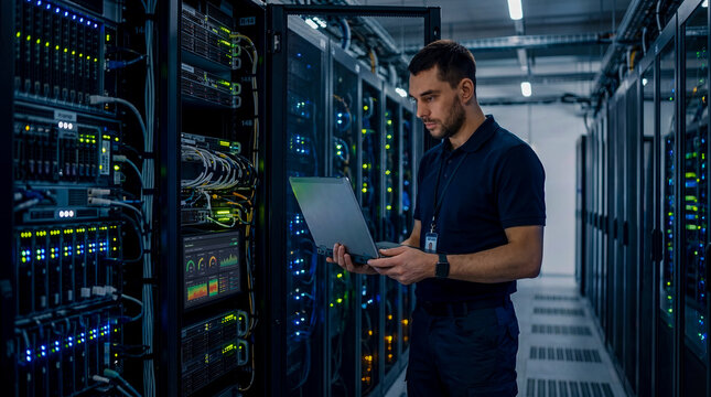 Professional IT Technician Working in Modern Data Center with Servers and Laptop, Monitoring Network Infrastructure, Cybersecurity Systems and Cloud Computing Performance Analytics