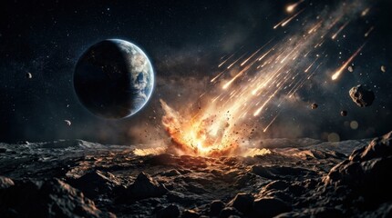 Fototapeta premium Moody space-science composition with Earth half in shadow, a bright meteor stream, scattered asteroids, and a glowing impact plume above a rocky moon surface, suggesting celestial forces, deep time