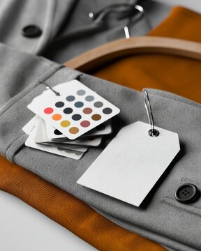 Close-up of gray winter coat sleeve with color-coded size cards and blank tag on hanger