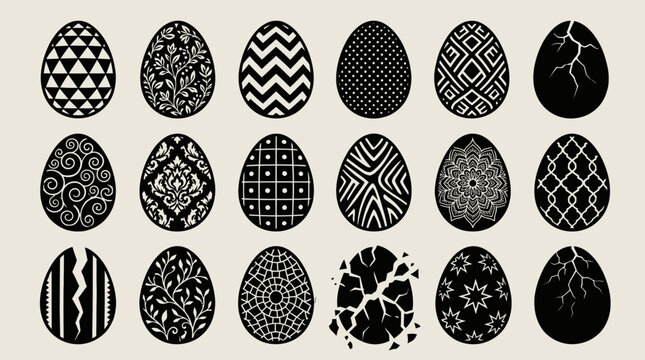 Collection of elegant black and white patterned Easter eggs. Ornate monochrome vector designs for holiday celebrations and decorations.