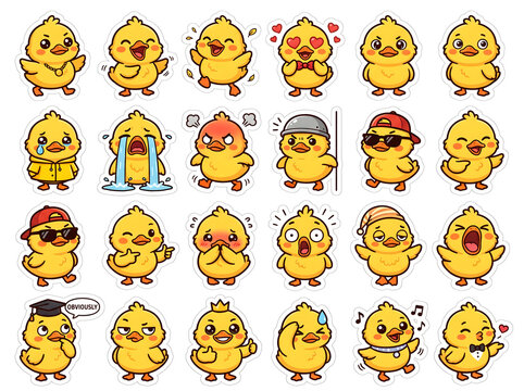 Cute overconfident baby duck sticker pack, 24 kawaii 
emotions and poses with accessories, flat vector 
illustration, white background