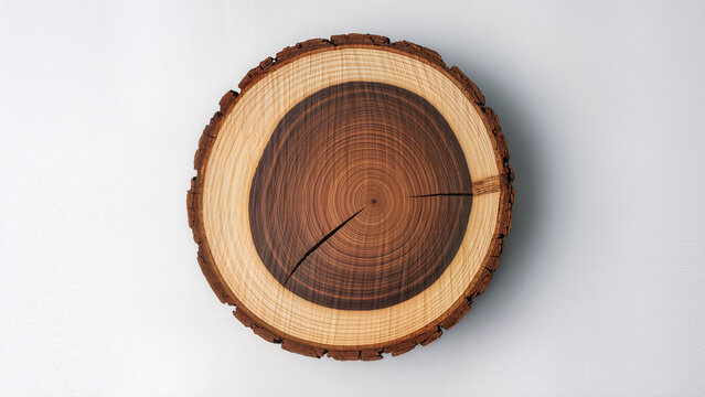 Round cross section of a tree log showing detailed annual rings and a dark core on a clean white background