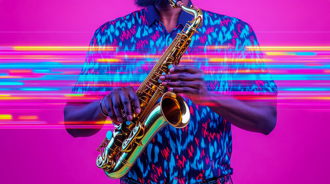 Vibrant musician plays shining brass saxophone set against bold magenta background with stylized digital neon motion blur light effects for modern artistic musical atmosphere