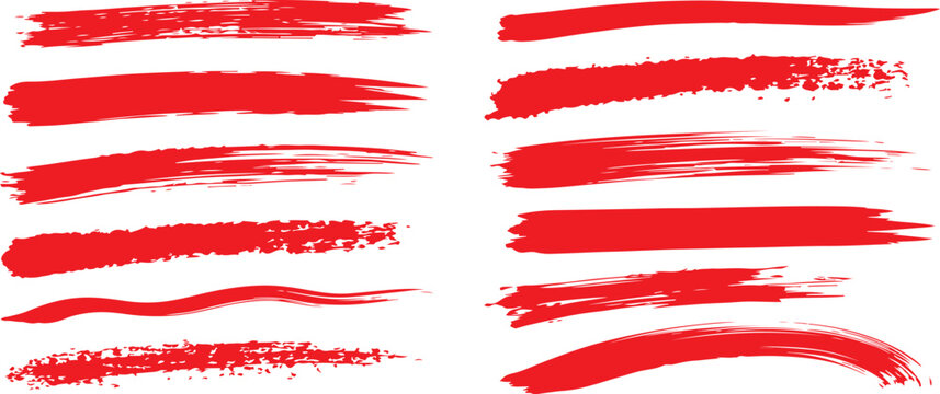 Red highlighter brush stroke lines set for underline banners, dry paint marker stripes, rough grunge ink smears and bold hand drawn highlight elements. Vector illustration. Set of red paint brush